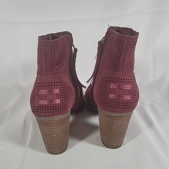 TOMS Suede Peep Toe Perforated Zip Ankle Booties Maroon Women Size 7.5 - Picture 6 of 11